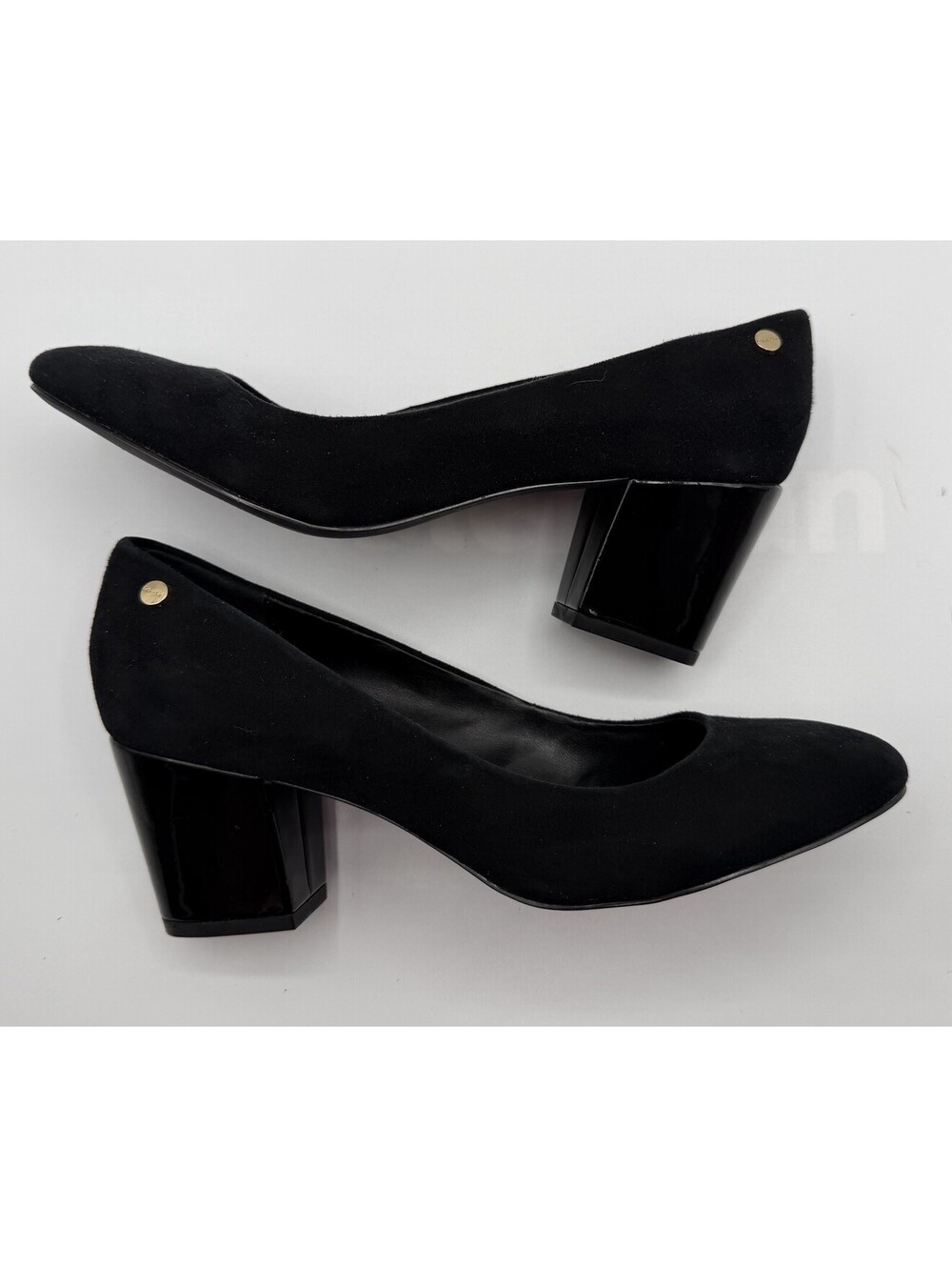 Calvin Klein Kasey Black Suede Pumps 7.5E Round Toe Block Patent Heel Career GUC